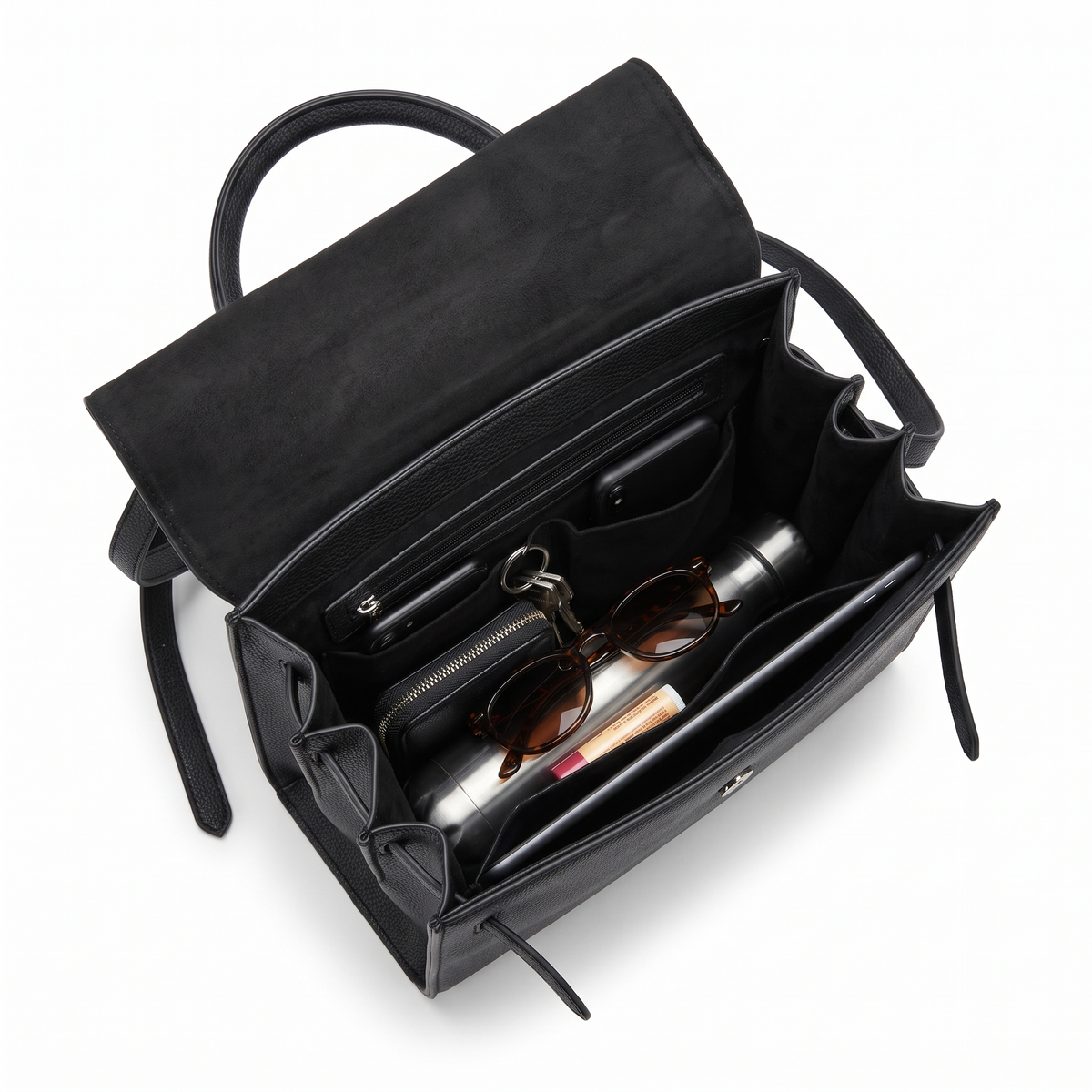 Pebbled Faux Leather Top Handle Bag for Women, Black Structured Flap Handbag