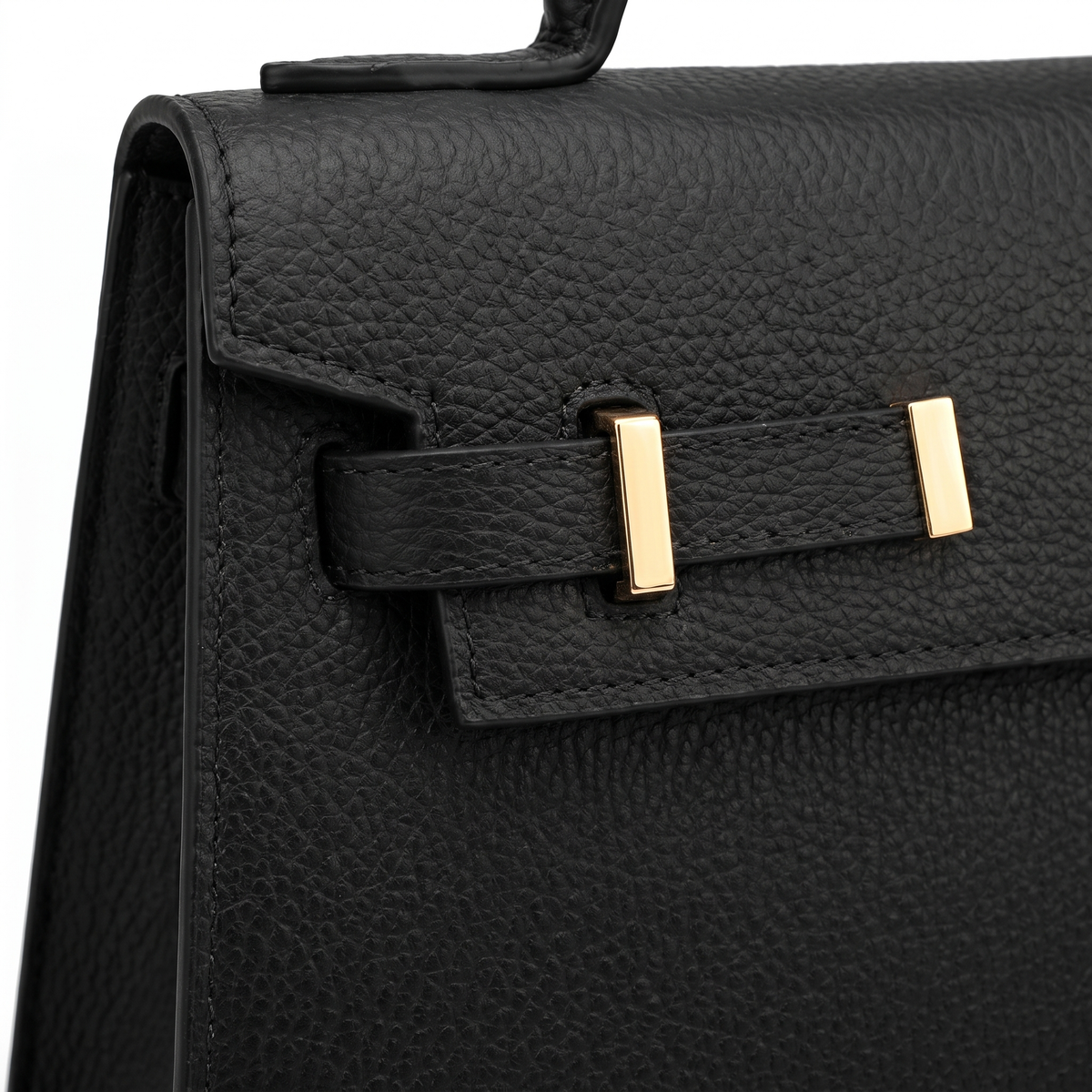 Pebbled Faux Leather Top Handle Bag for Women, Black Structured Flap Handbag