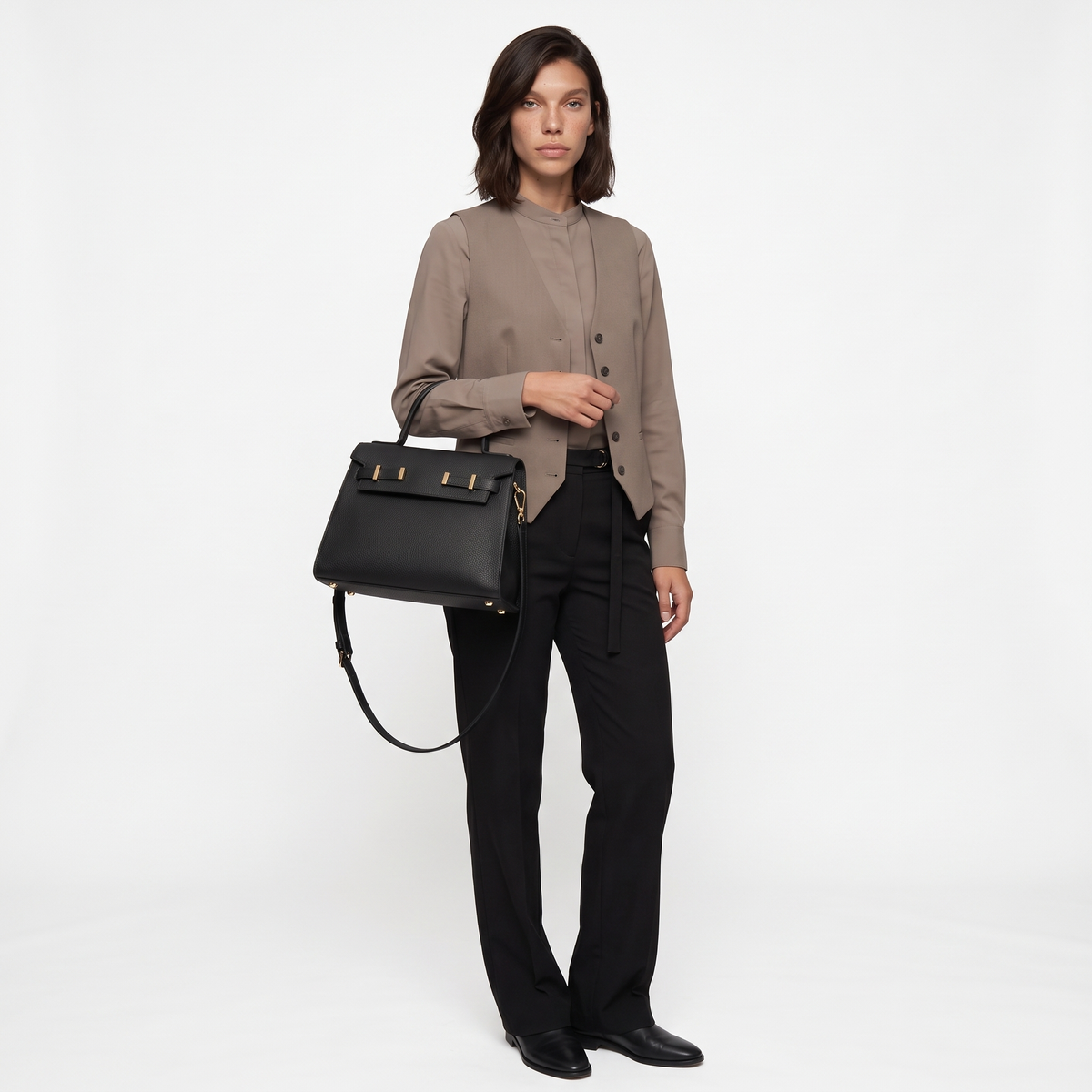 Pebbled Faux Leather Top Handle Bag for Women, Black Structured Flap Handbag