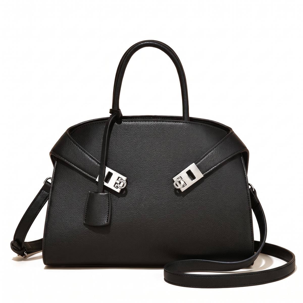 Pebbled Faux Leather Top Handle Bag for Women, Black Turn Lock Structured Handbag