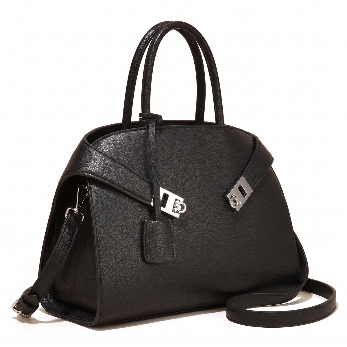 Pebbled Faux Leather Top Handle Bag for Women, Black Turn Lock Structured Handbag