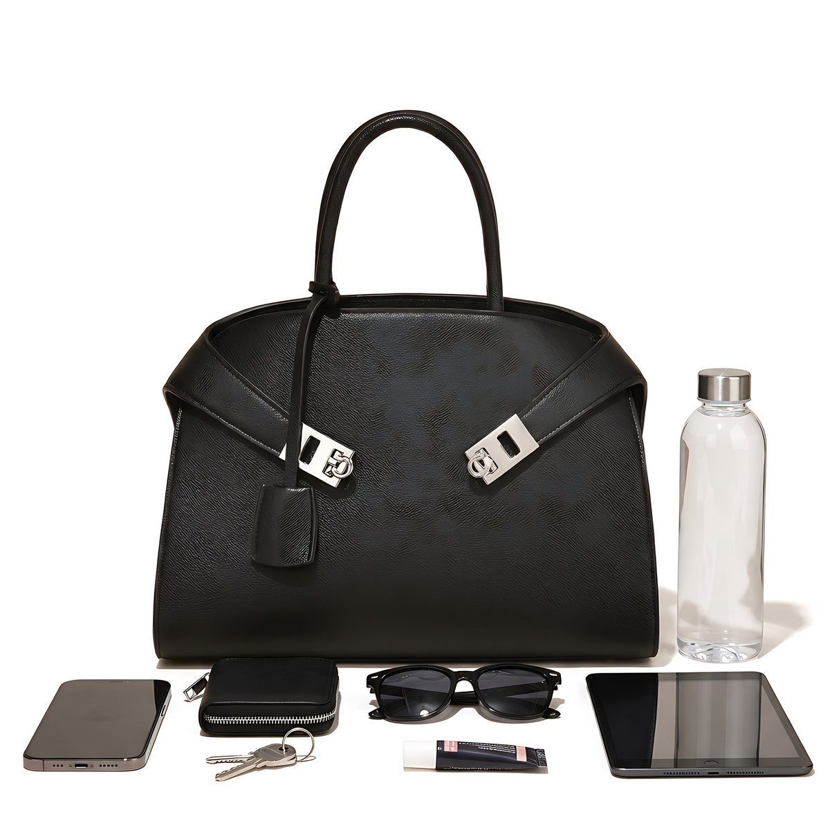 Pebbled Faux Leather Top Handle Bag for Women, Black Turn Lock Structured Handbag