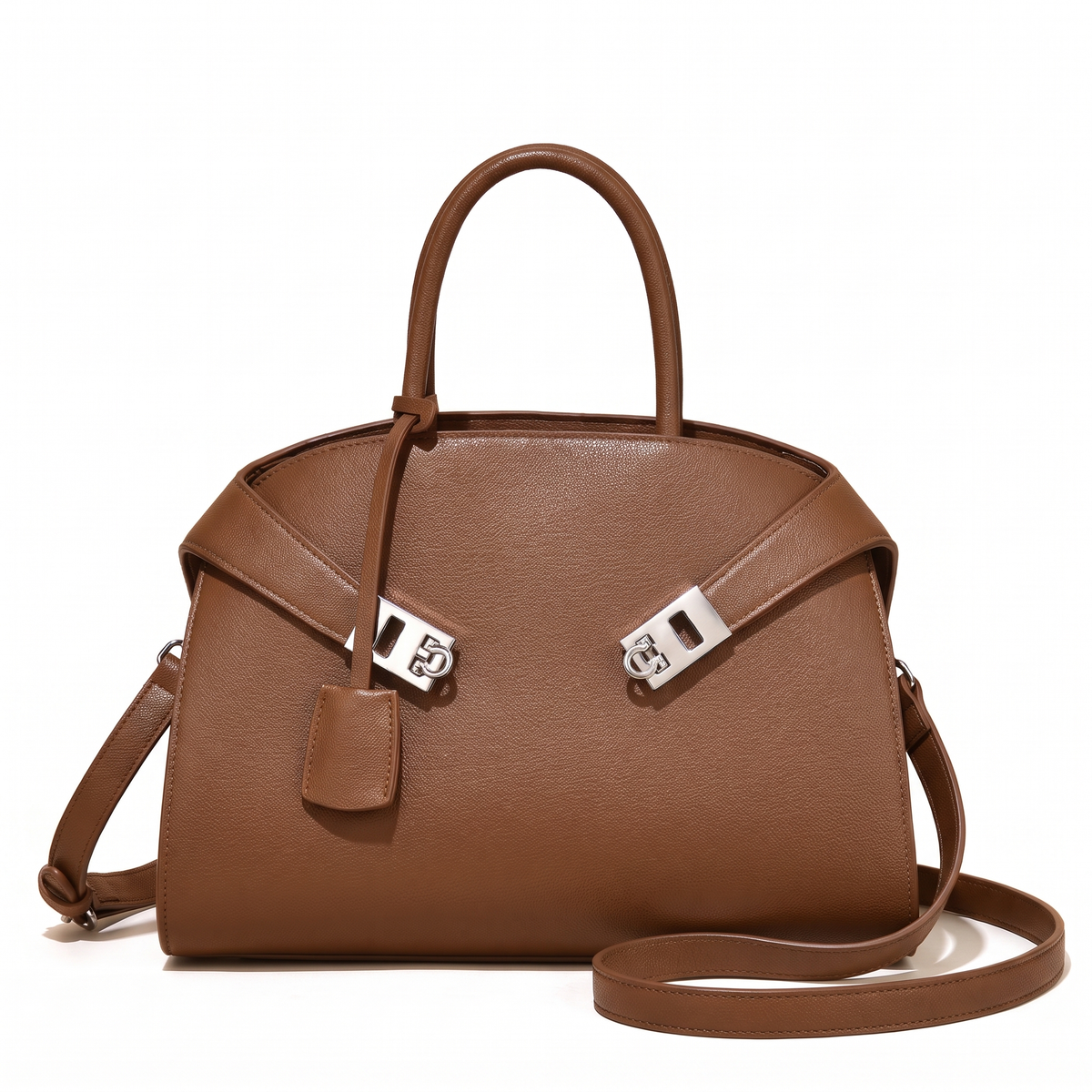Pebbled Faux Leather Top Handle Bag for Women, Black Turn Lock Structured Handbag