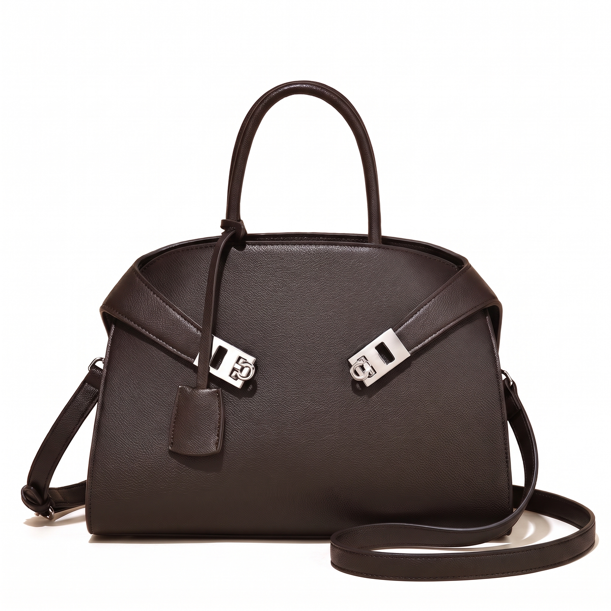 Pebbled Faux Leather Top Handle Bag for Women, Black Turn Lock Structured Handbag