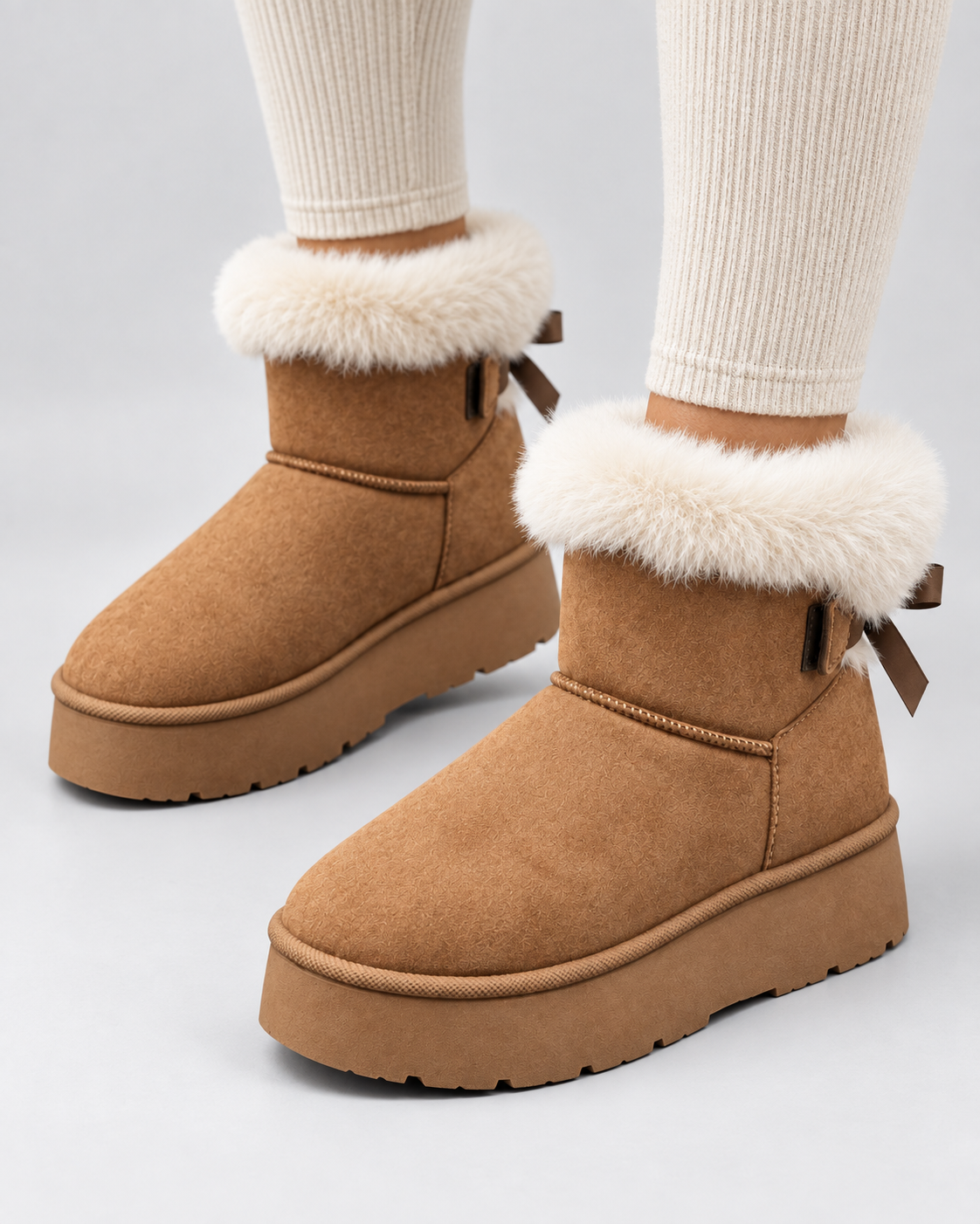 Women's Suede Look Platform Snow Boots – Faux Fur Cuff