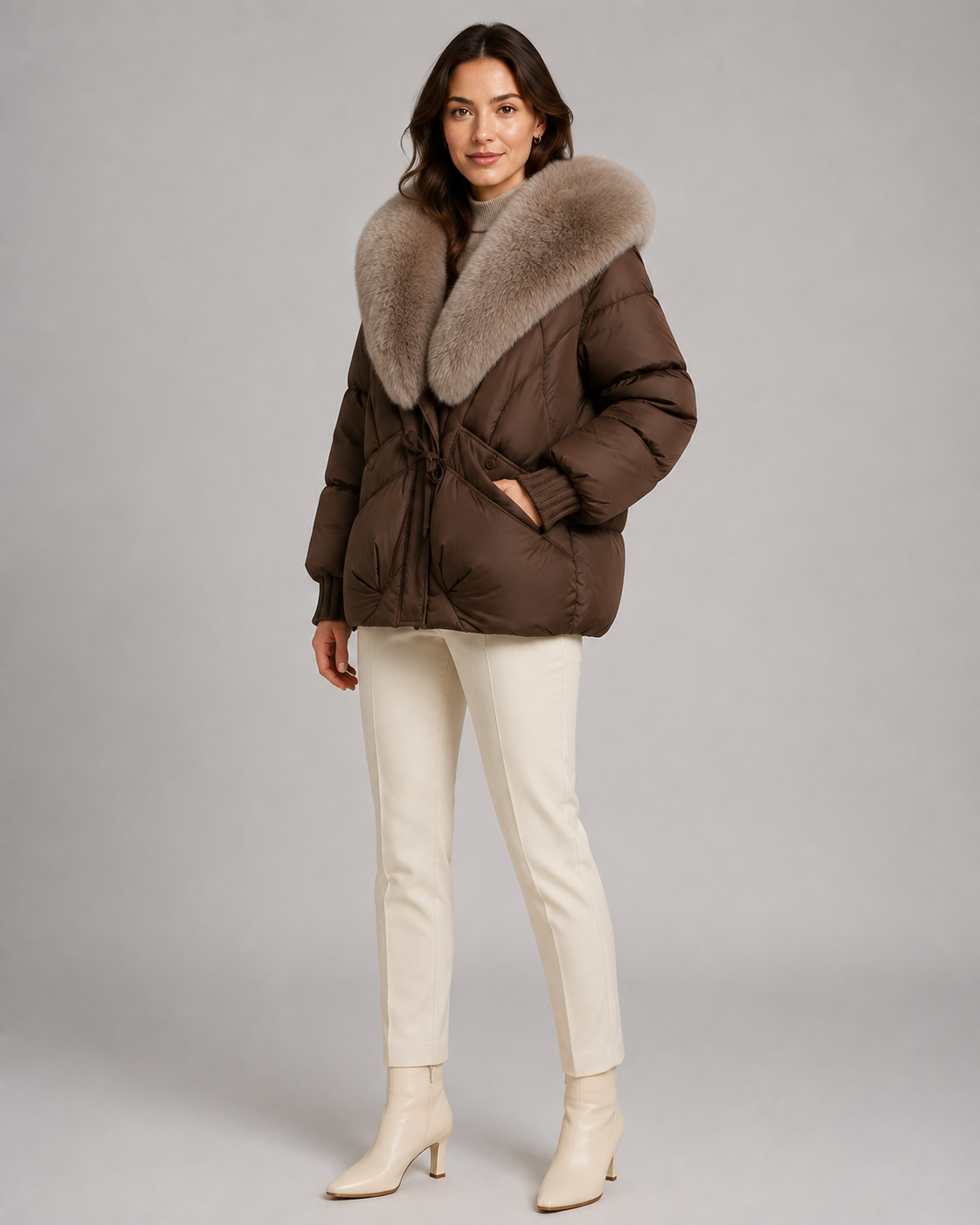 Women's Short Quilted Puffer Jacket – Oversized Fur Look Collar