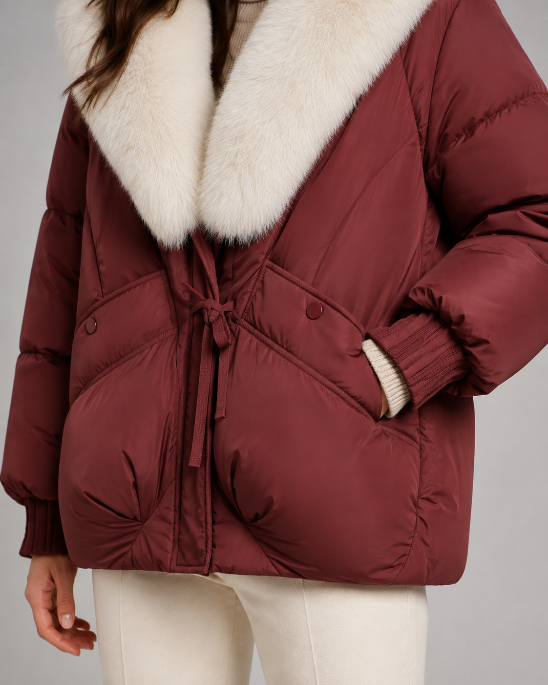 Women's Short Quilted Puffer Jacket – Oversized Fur Look Collar