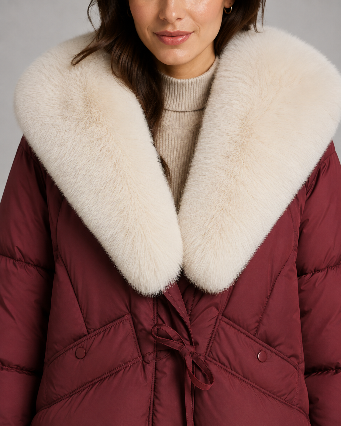 Women's Short Quilted Puffer Jacket – Oversized Fur Look Collar