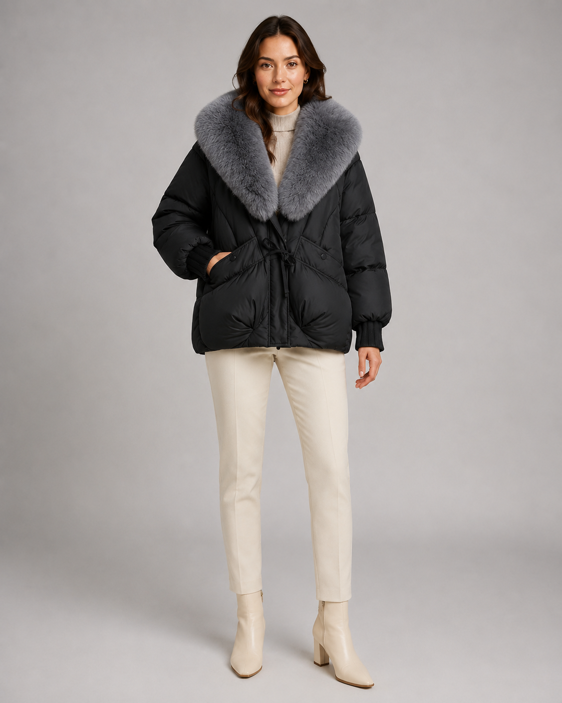 Women's Short Quilted Puffer Jacket – Oversized Fur Look Collar