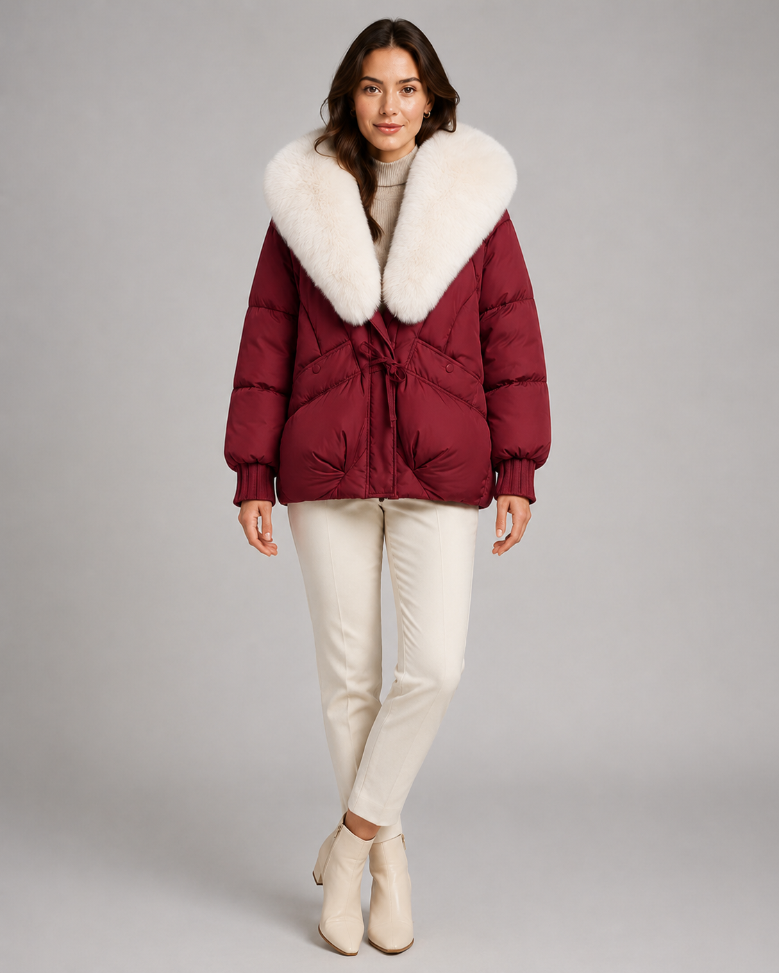 Women's Short Quilted Puffer Jacket – Oversized Fur Look Collar