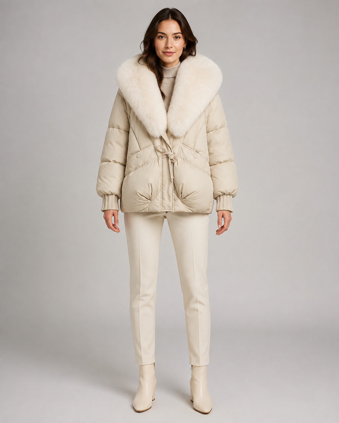 Women's Short Quilted Puffer Jacket – Oversized Fur Look Collar