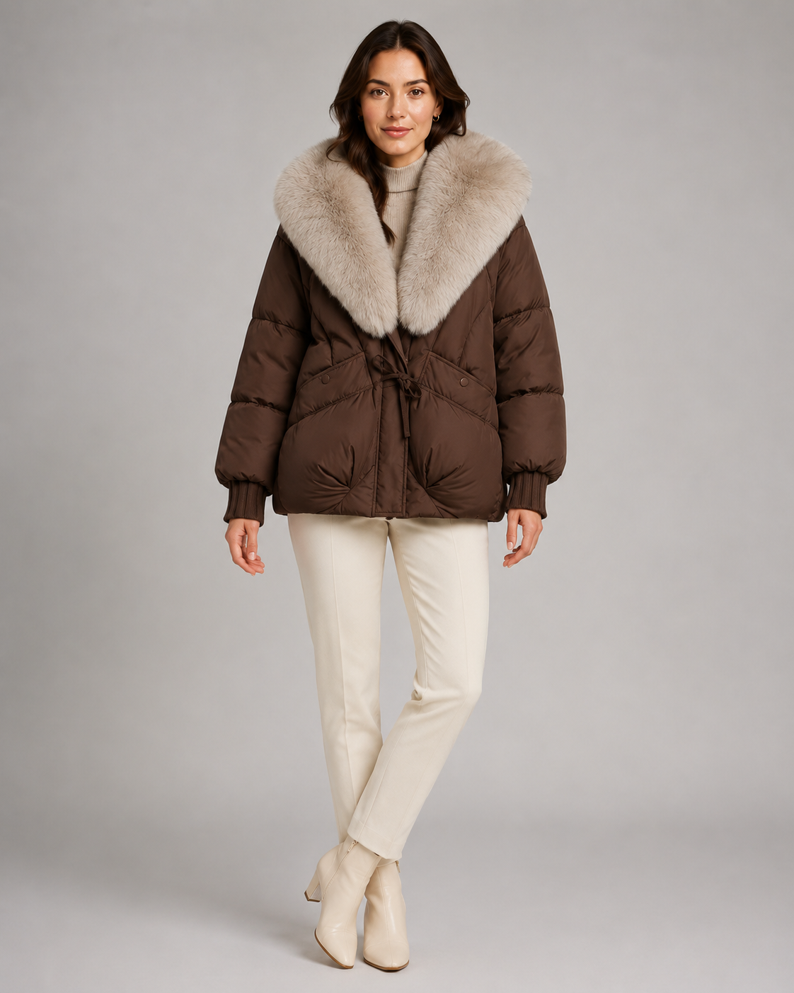 Women's Short Quilted Puffer Jacket – Oversized Fur Look Collar
