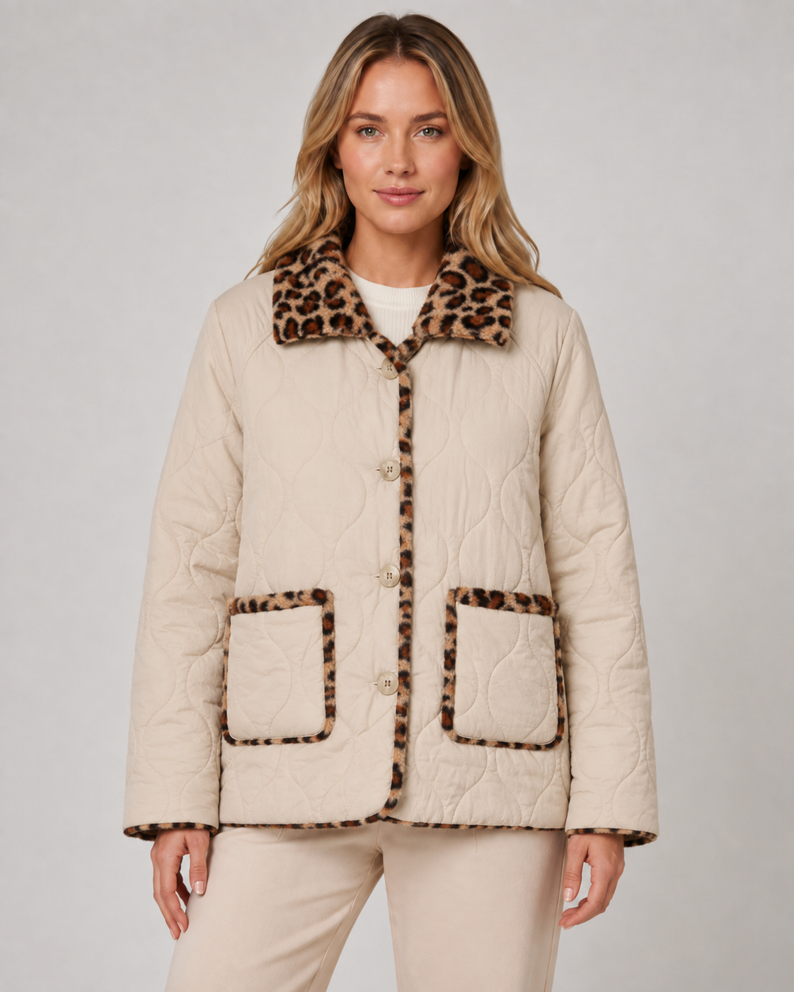 Women's Reversible Leopard Print Jacket – Quilted Button Front