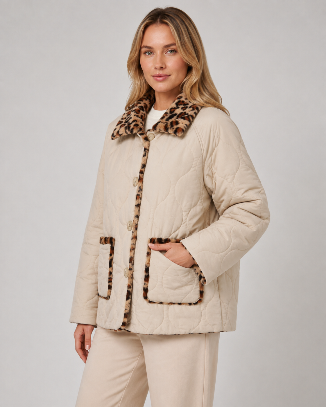 Women's Reversible Leopard Print Jacket – Quilted Button Front