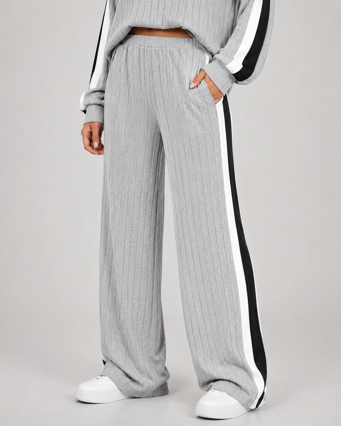 Women's Ribbed Polo Collar Co Ord Set – Wide Leg Side Stripe
