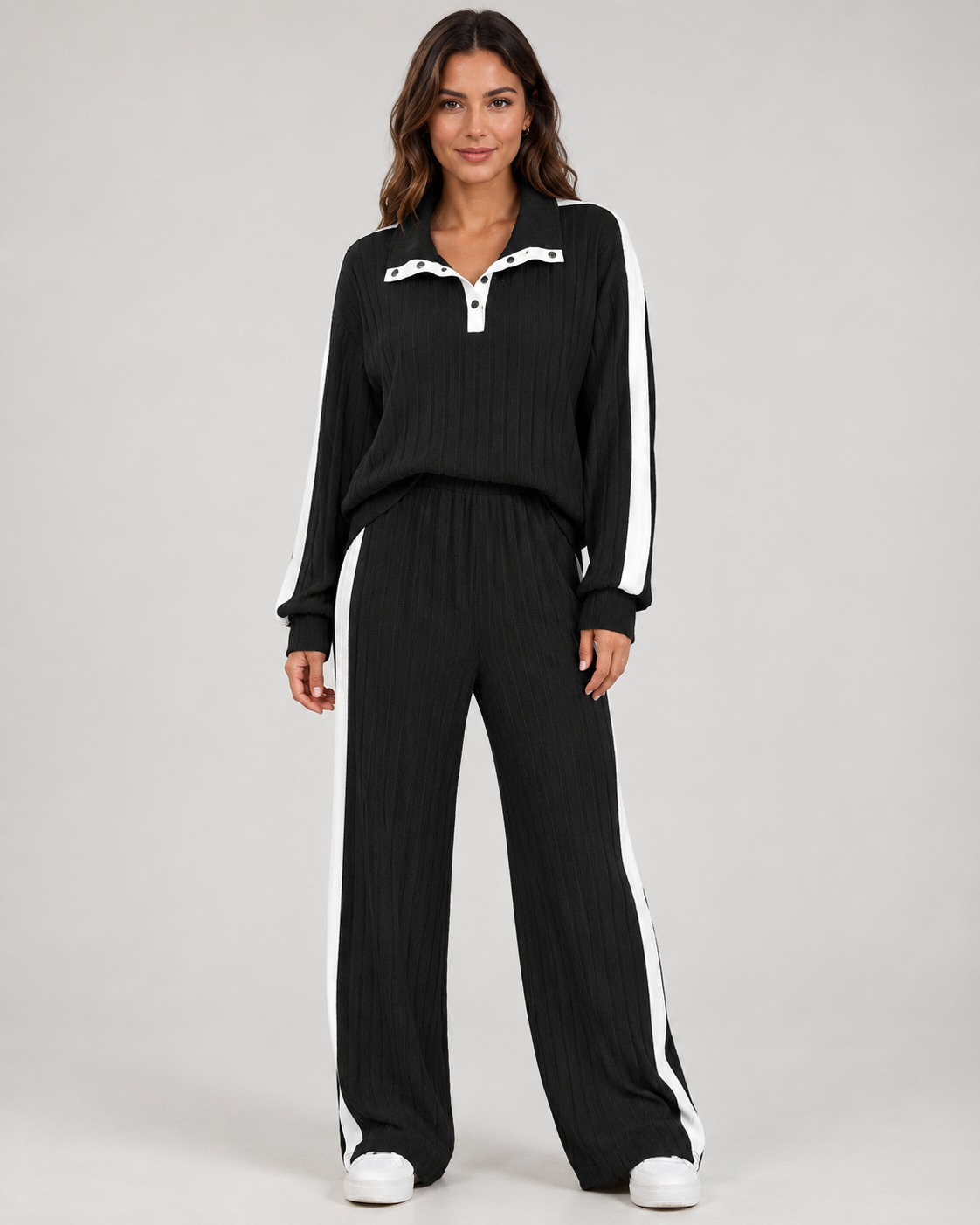 Women's Ribbed Polo Collar Co Ord Set – Wide Leg Side Stripe