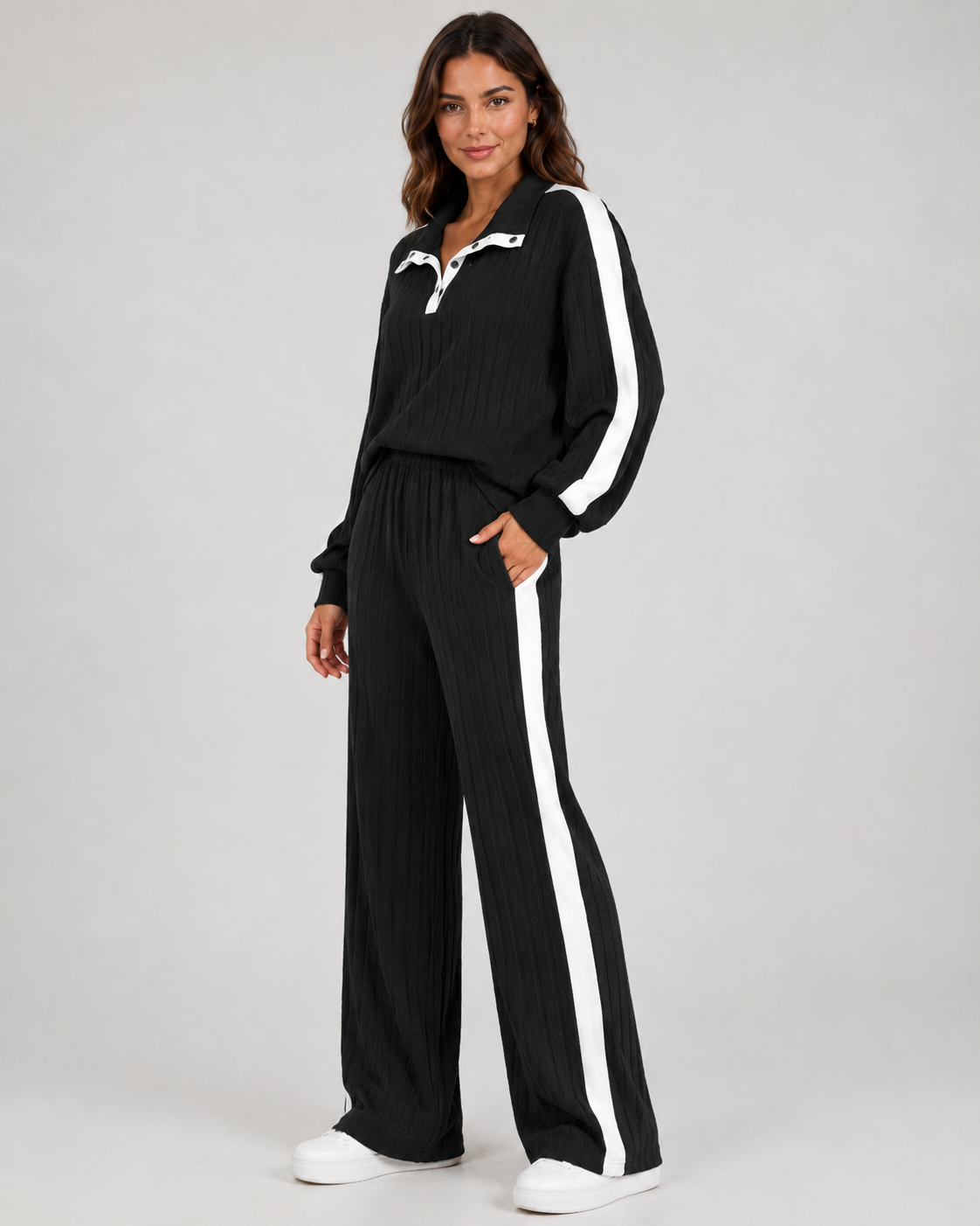Women's Ribbed Polo Collar Co Ord Set – Wide Leg Side Stripe