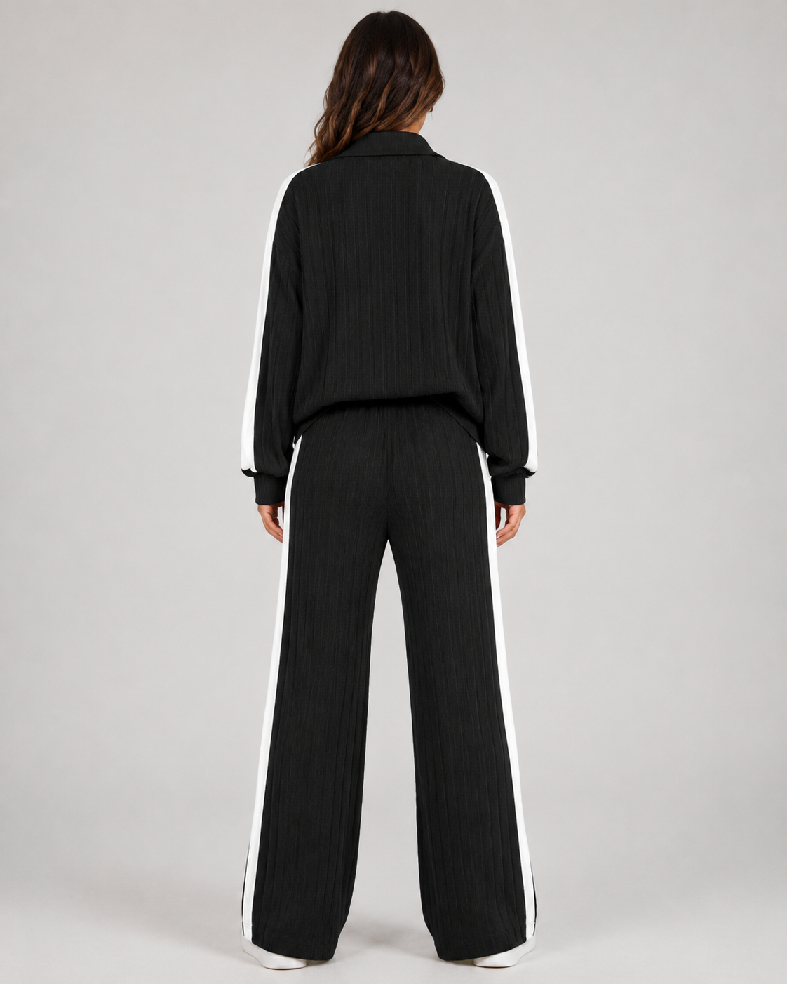 Women's Ribbed Polo Collar Co Ord Set – Wide Leg Side Stripe