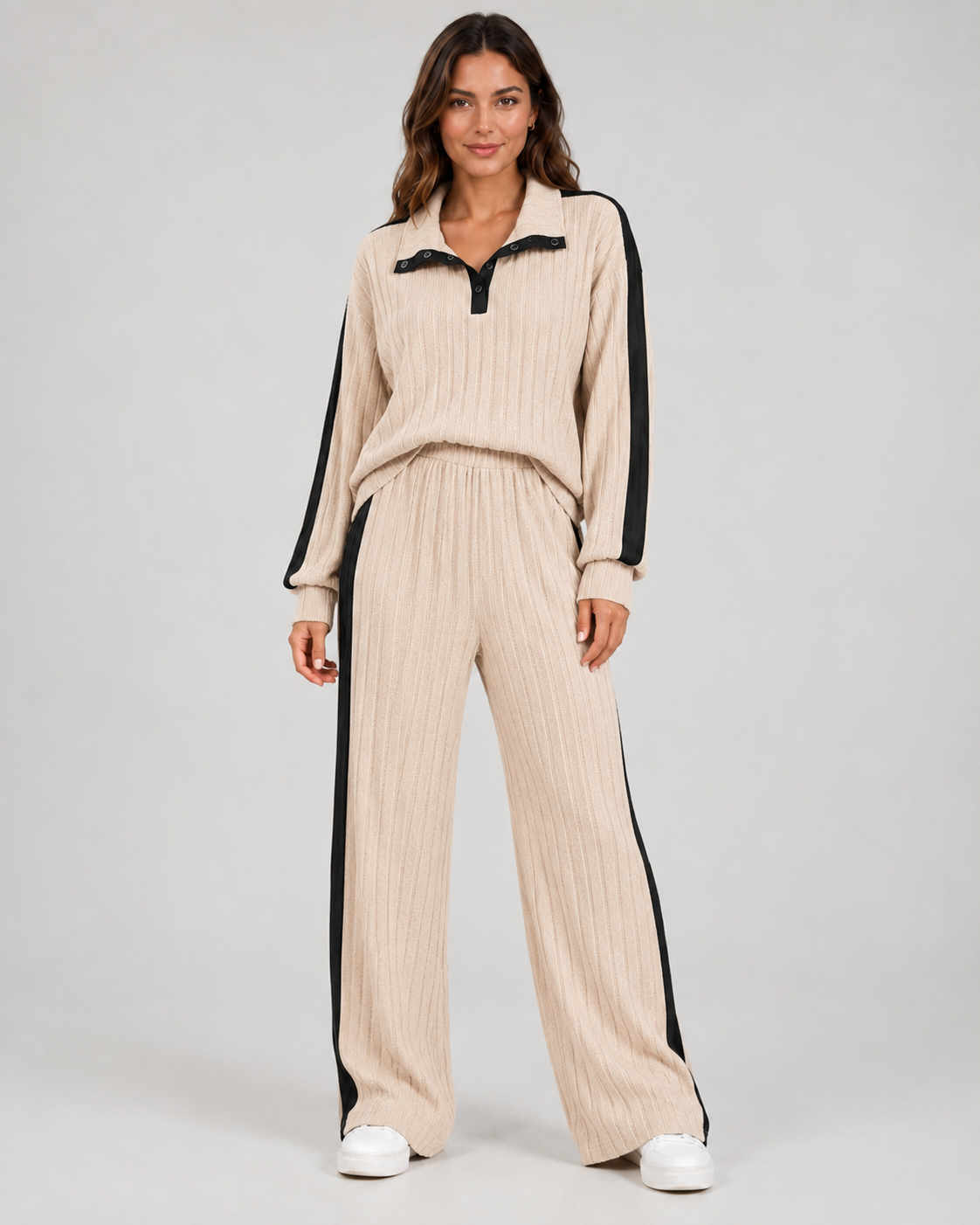 Women's Ribbed Polo Collar Co Ord Set – Wide Leg Side Stripe