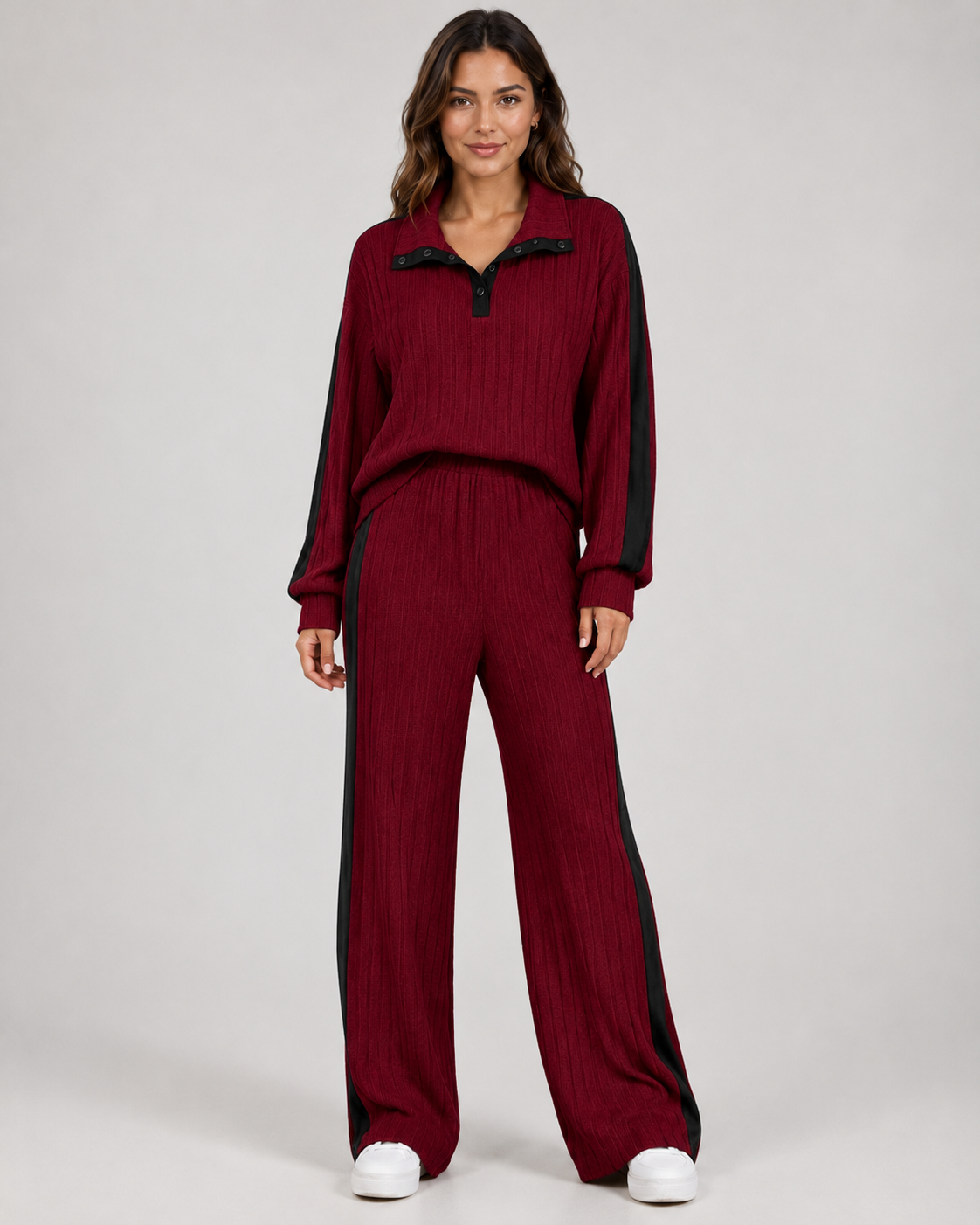Women's Ribbed Polo Collar Co Ord Set – Wide Leg Side Stripe