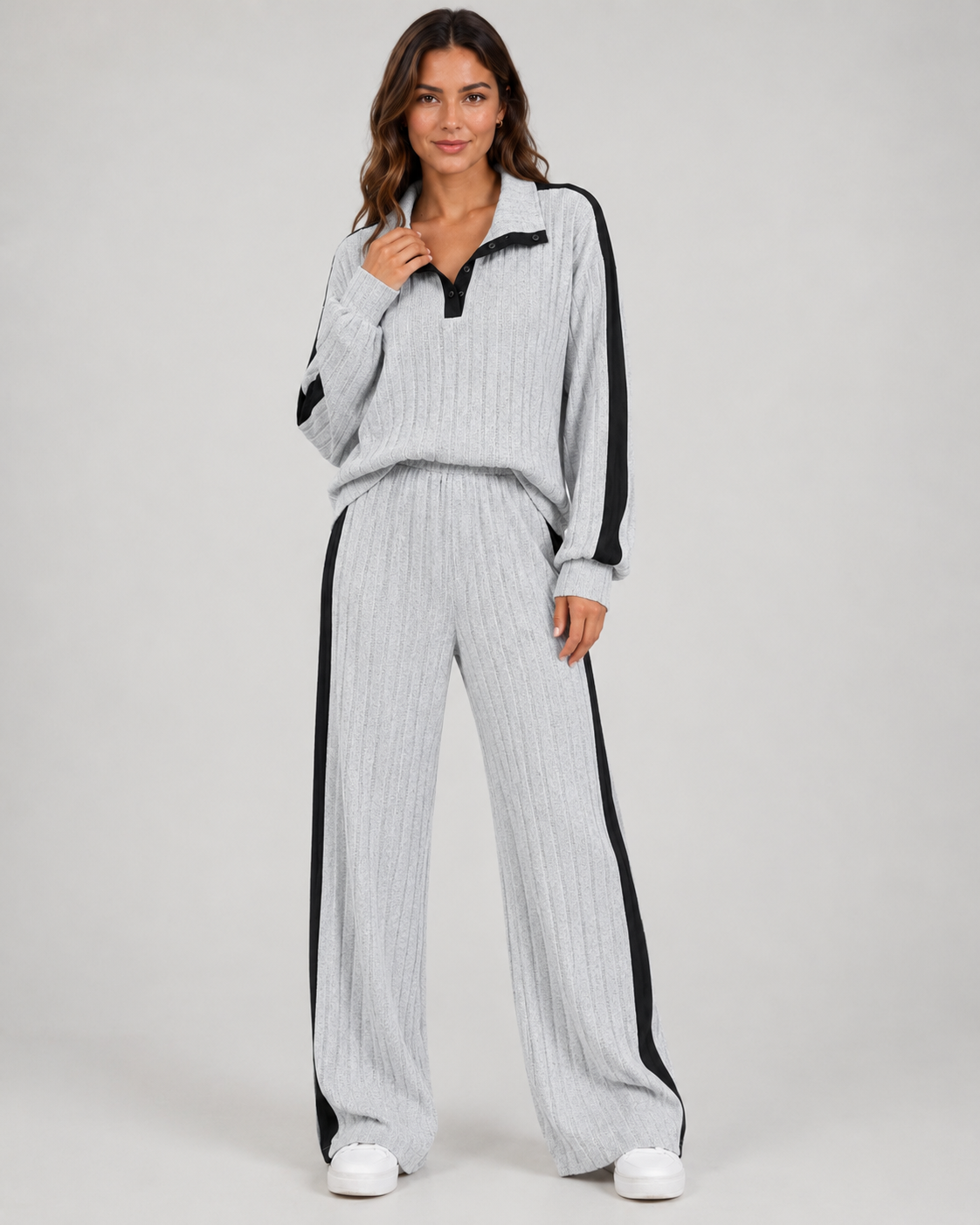 Women's Ribbed Polo Collar Co Ord Set – Wide Leg Side Stripe
