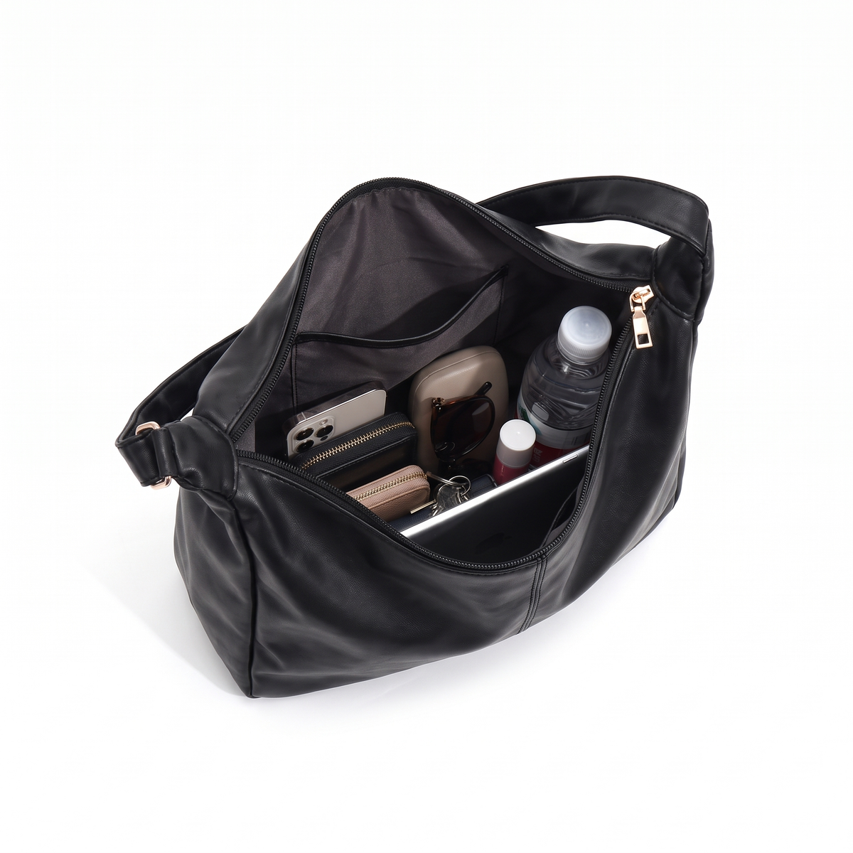 Slouchy Faux Leather Hobo Bag for Women, Black Everyday Casual Shoulder Bag