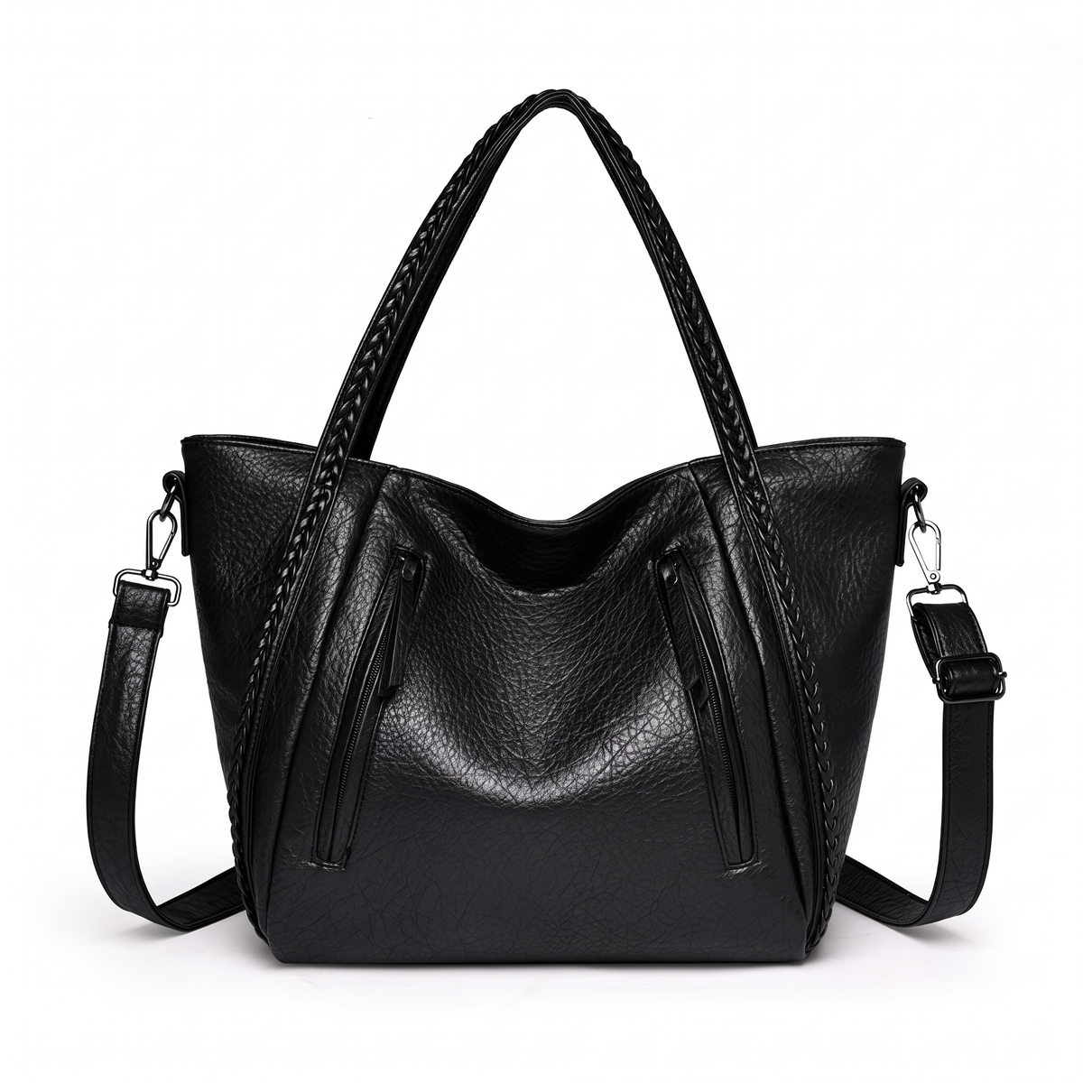 Slouchy Faux Leather Tote Bag for Women, Black Plaited Handle Shoulder Tote