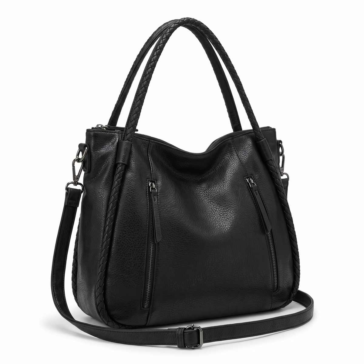 Slouchy Faux Leather Tote Bag for Women, Black Plaited Handle Shoulder Tote