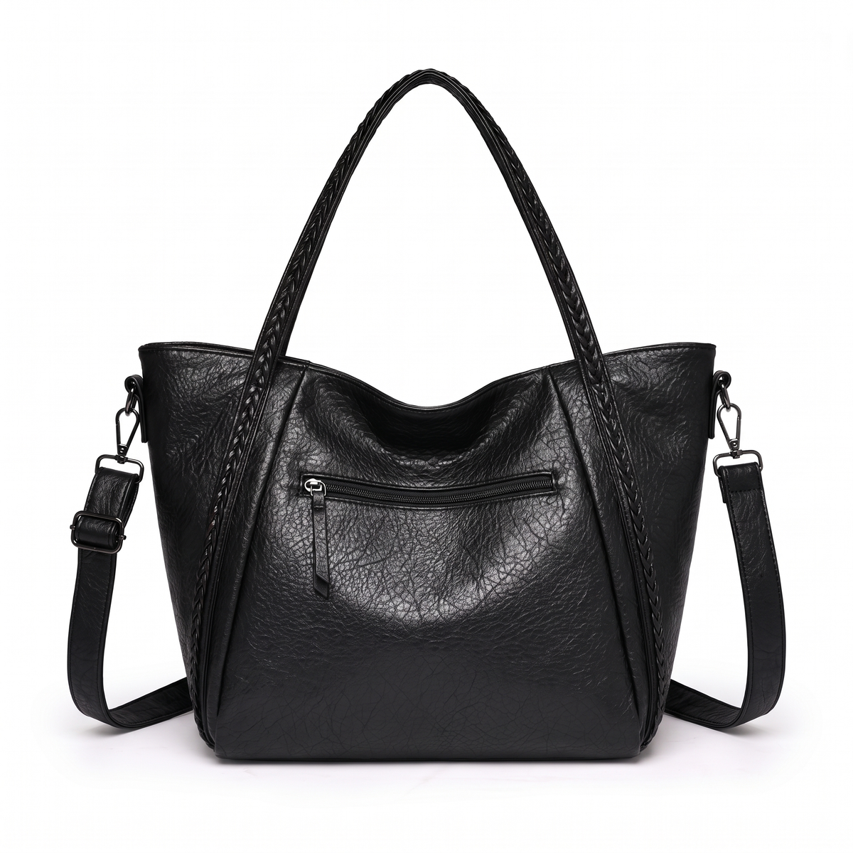 Slouchy Faux Leather Tote Bag for Women, Black Plaited Handle Shoulder Tote