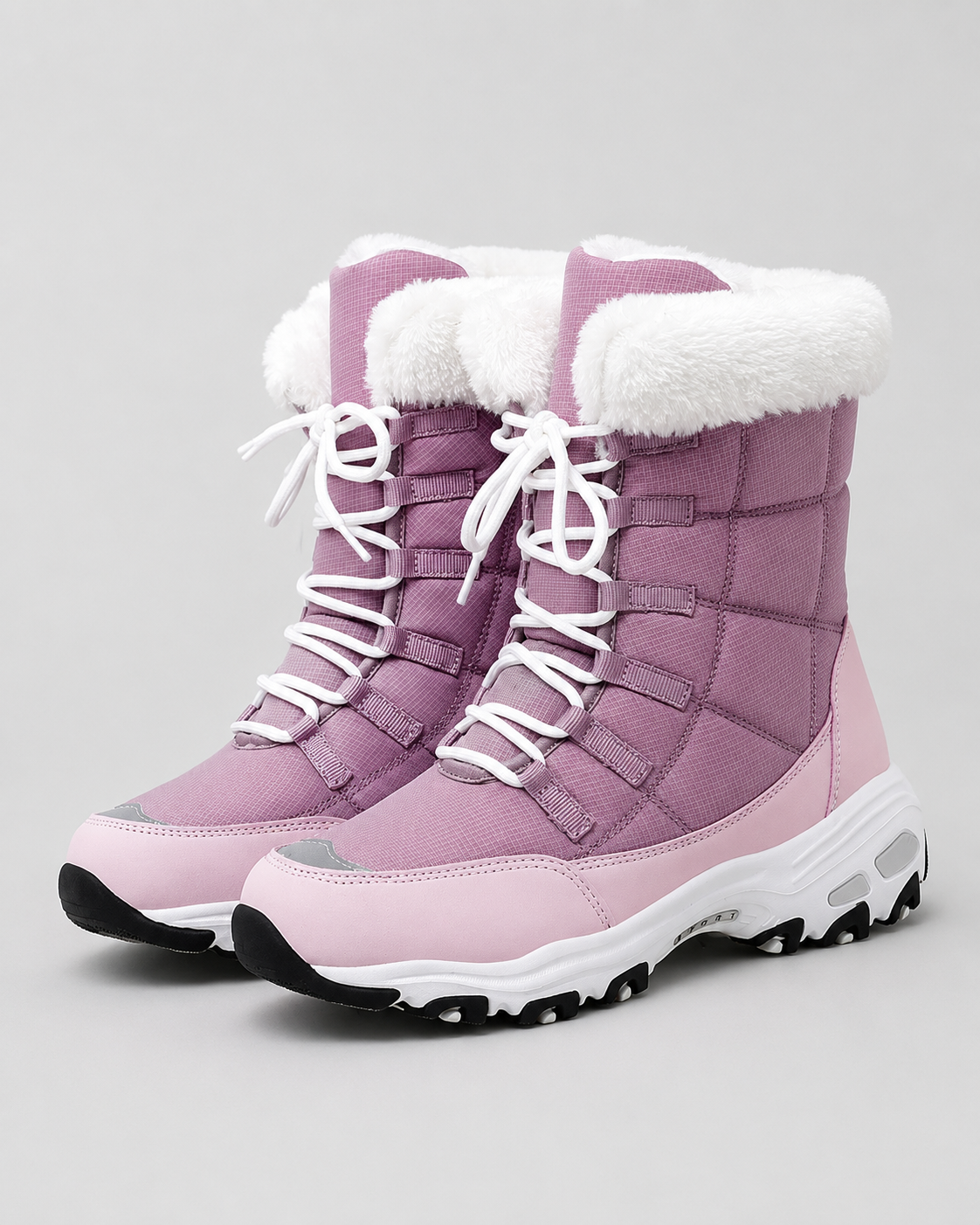 Women's Quilted Lace Up Snow Boots – Faux Fur Cuff Chunky Sole