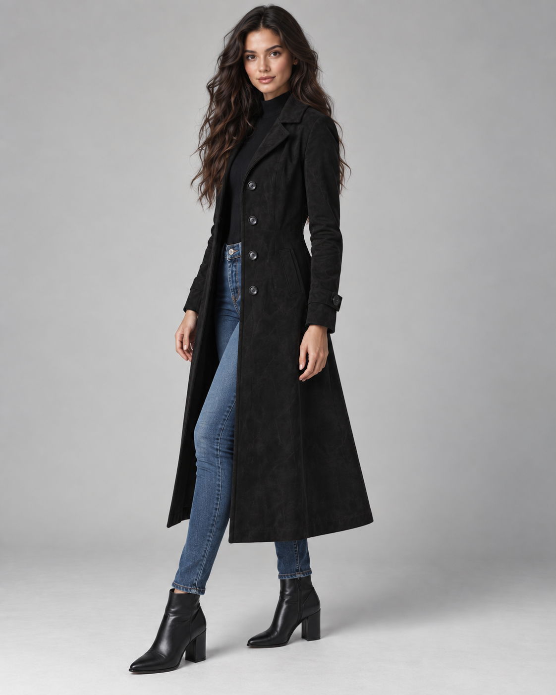 Women's Long Suede Look Coat – Notched Lapel Single Breasted