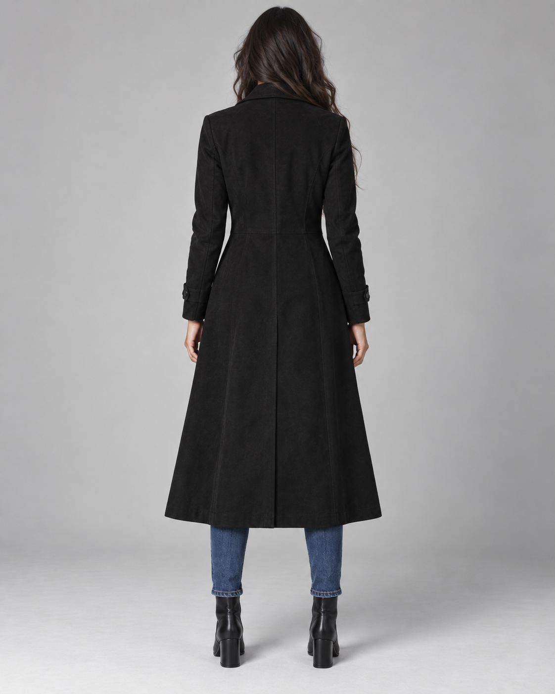 Women's Long Suede Look Coat – Notched Lapel Single Breasted