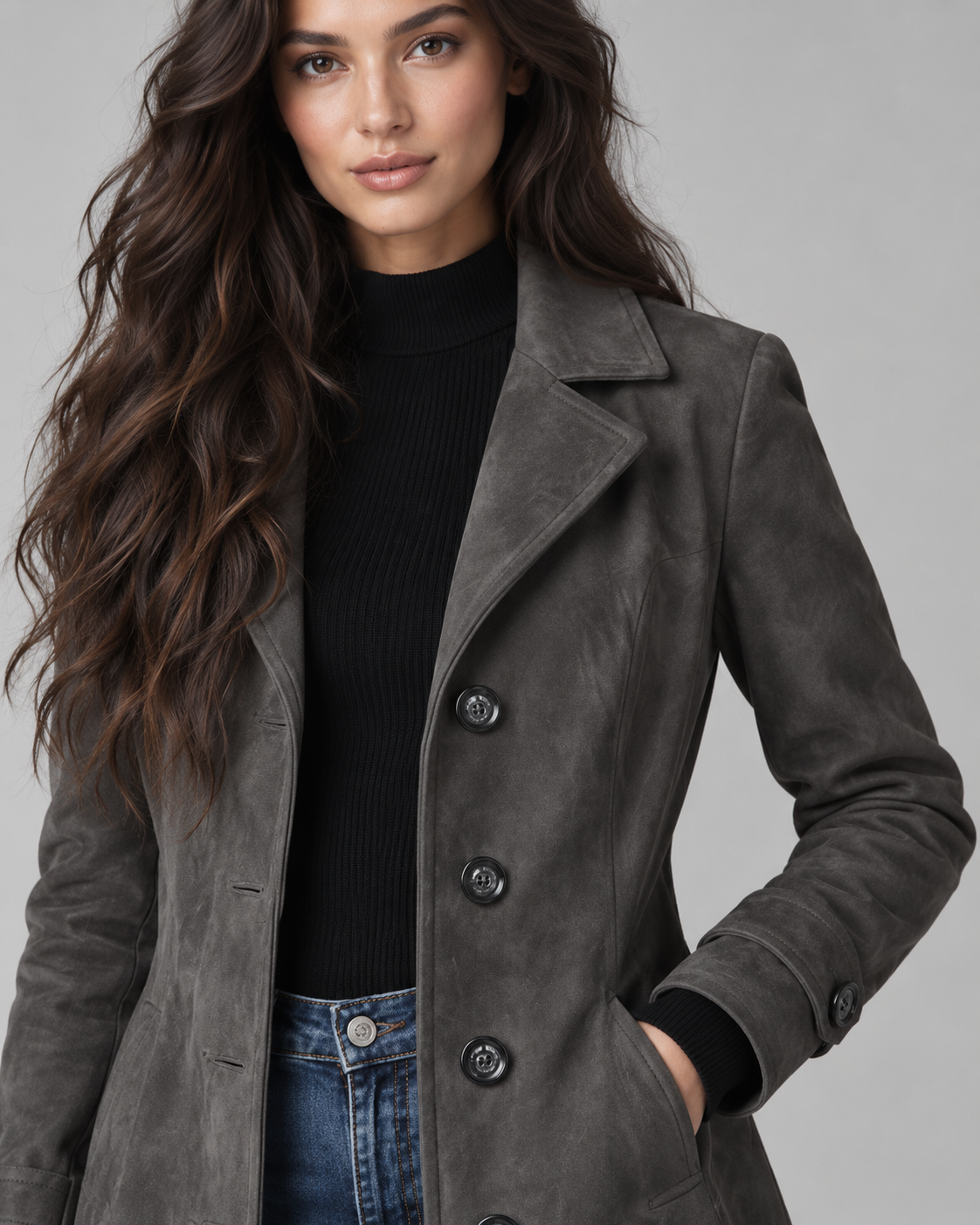 Women's Long Suede Look Coat – Notched Lapel Single Breasted