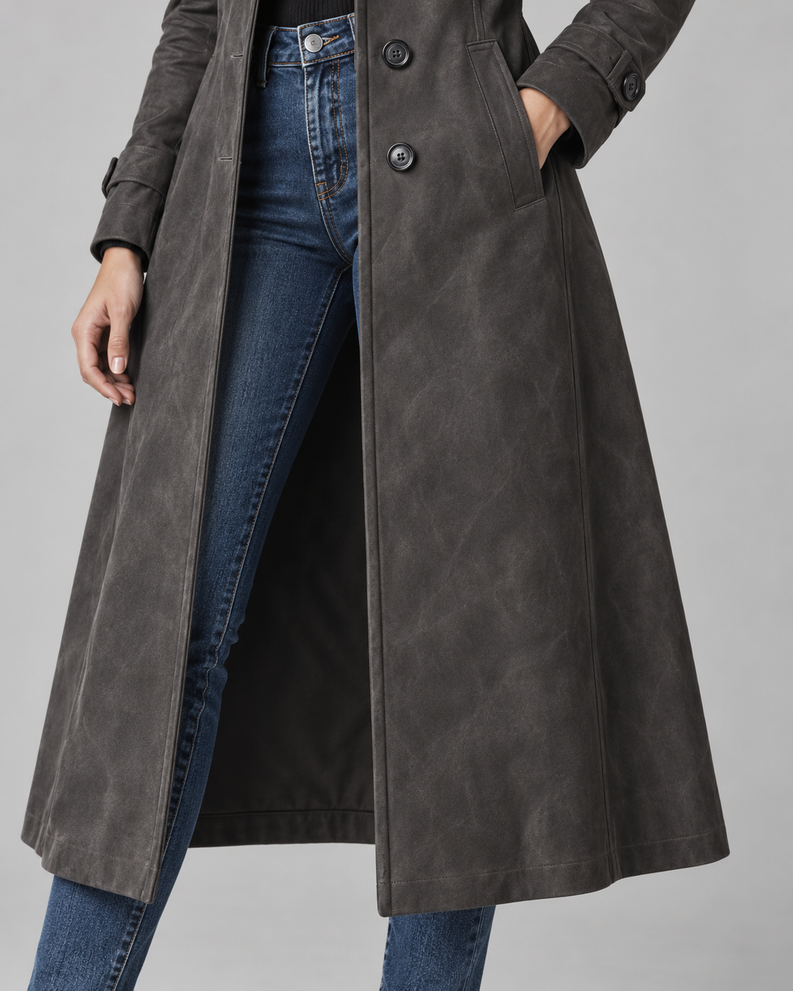 Women's Long Suede Look Coat – Notched Lapel Single Breasted