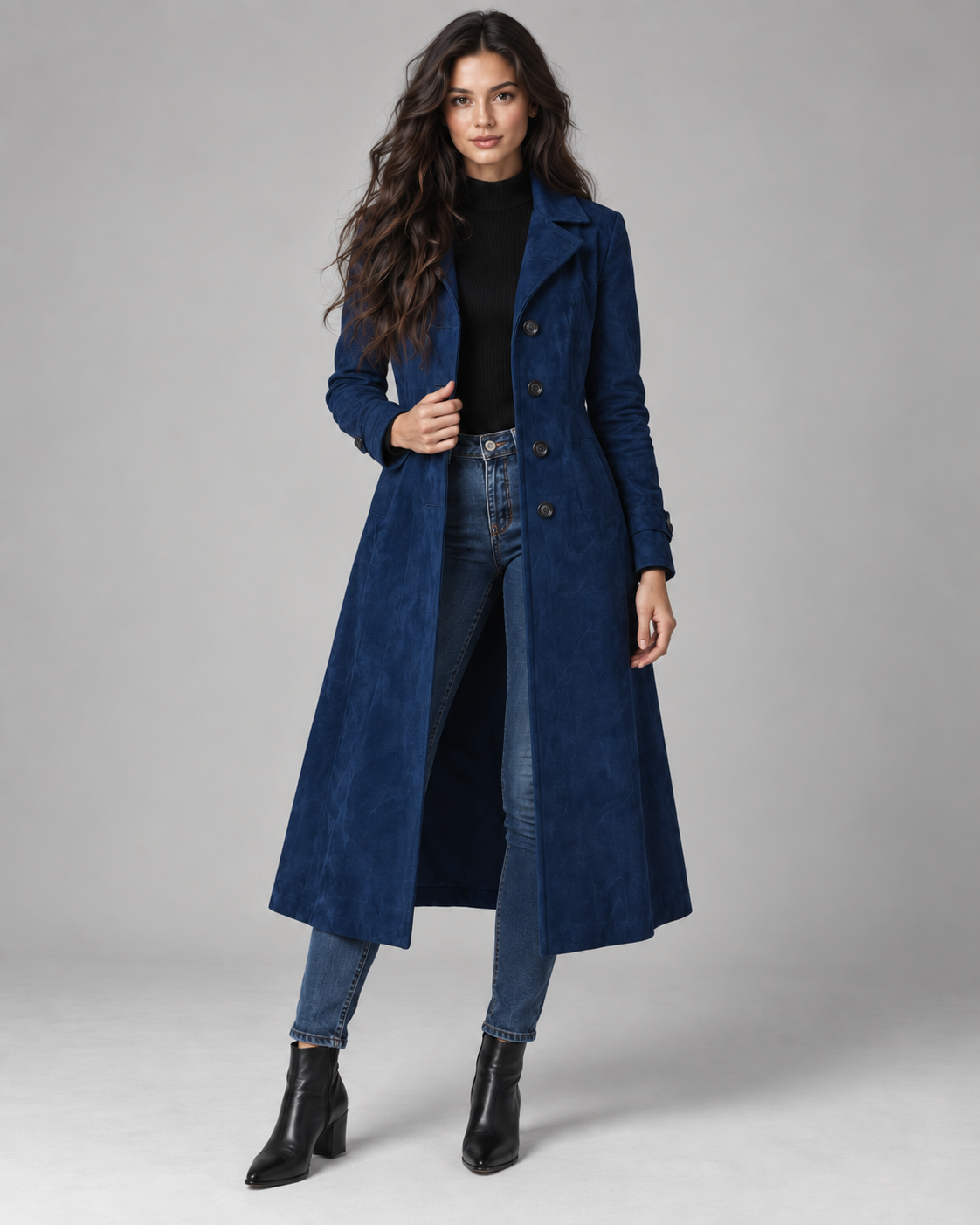 Women's Long Suede Look Coat – Notched Lapel Single Breasted