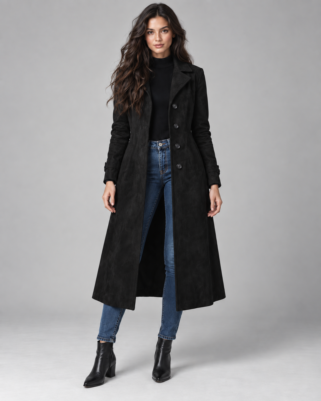 Women's Long Suede Look Coat – Notched Lapel Single Breasted