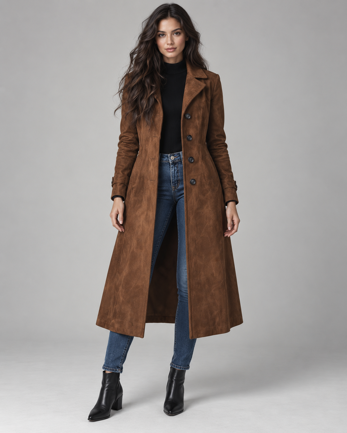 Women's Long Suede Look Coat – Notched Lapel Single Breasted