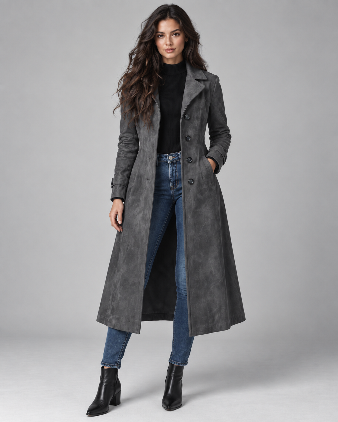 Women's Long Suede Look Coat – Notched Lapel Single Breasted