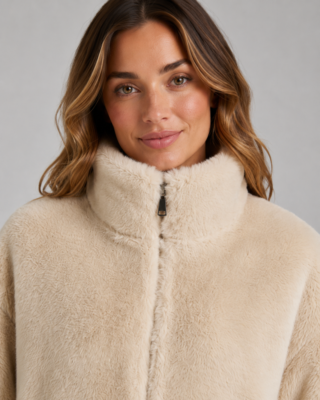 Women's Cropped Teddy Zip Jacket – High Funnel Neck