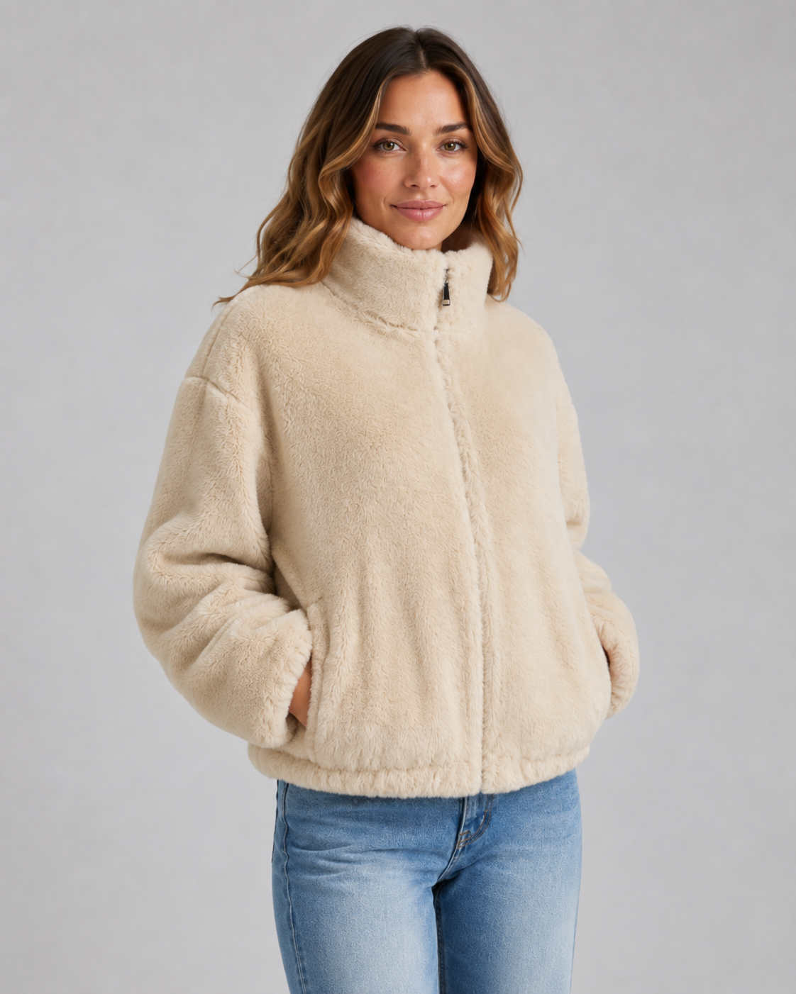 Women's Cropped Teddy Zip Jacket – High Funnel Neck
