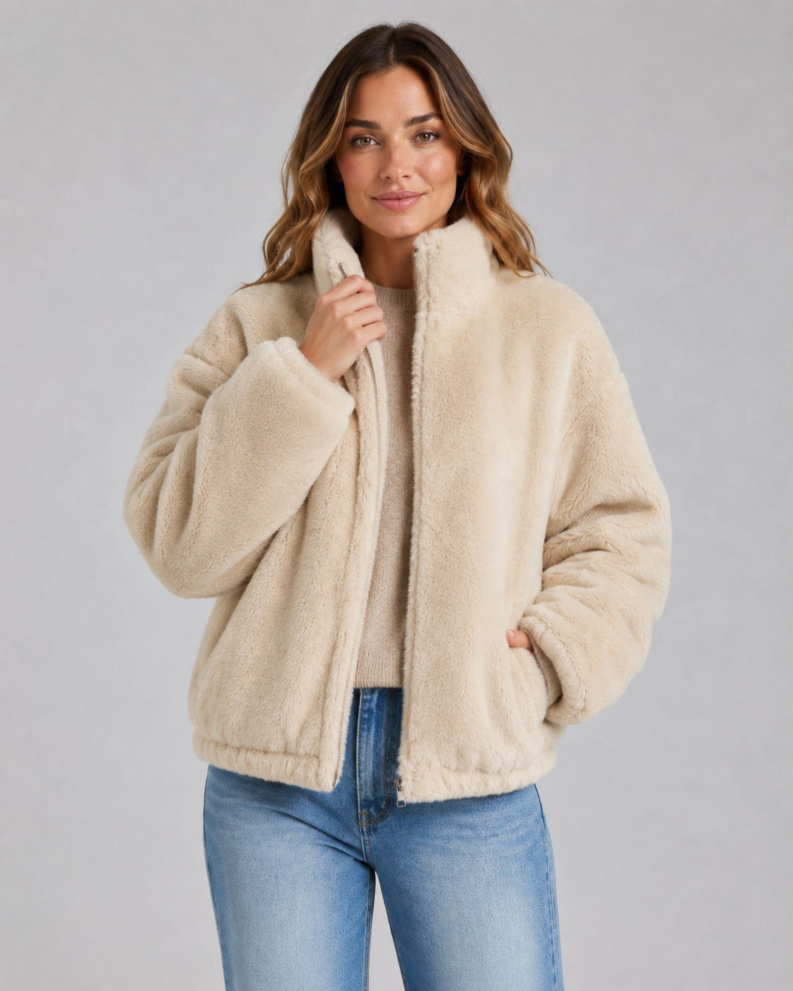 Women's Cropped Teddy Zip Jacket – High Funnel Neck