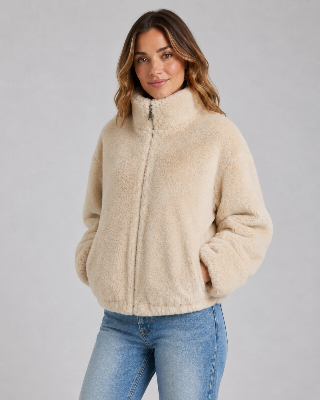 Women's Cropped Teddy Zip Jacket – High Funnel Neck