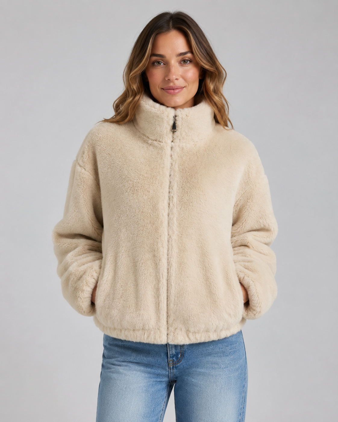 Women's Cropped Teddy Zip Jacket – High Funnel Neck