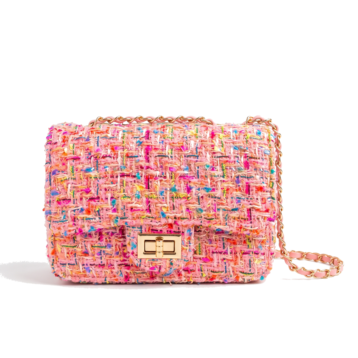 Tweed Chain Shoulder Bag for Women, Pink Evening Bag