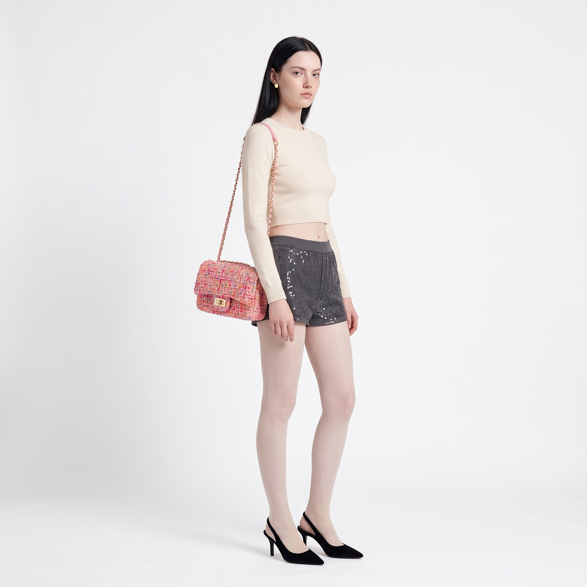 Tweed Chain Shoulder Bag for Women, Pink Evening Bag