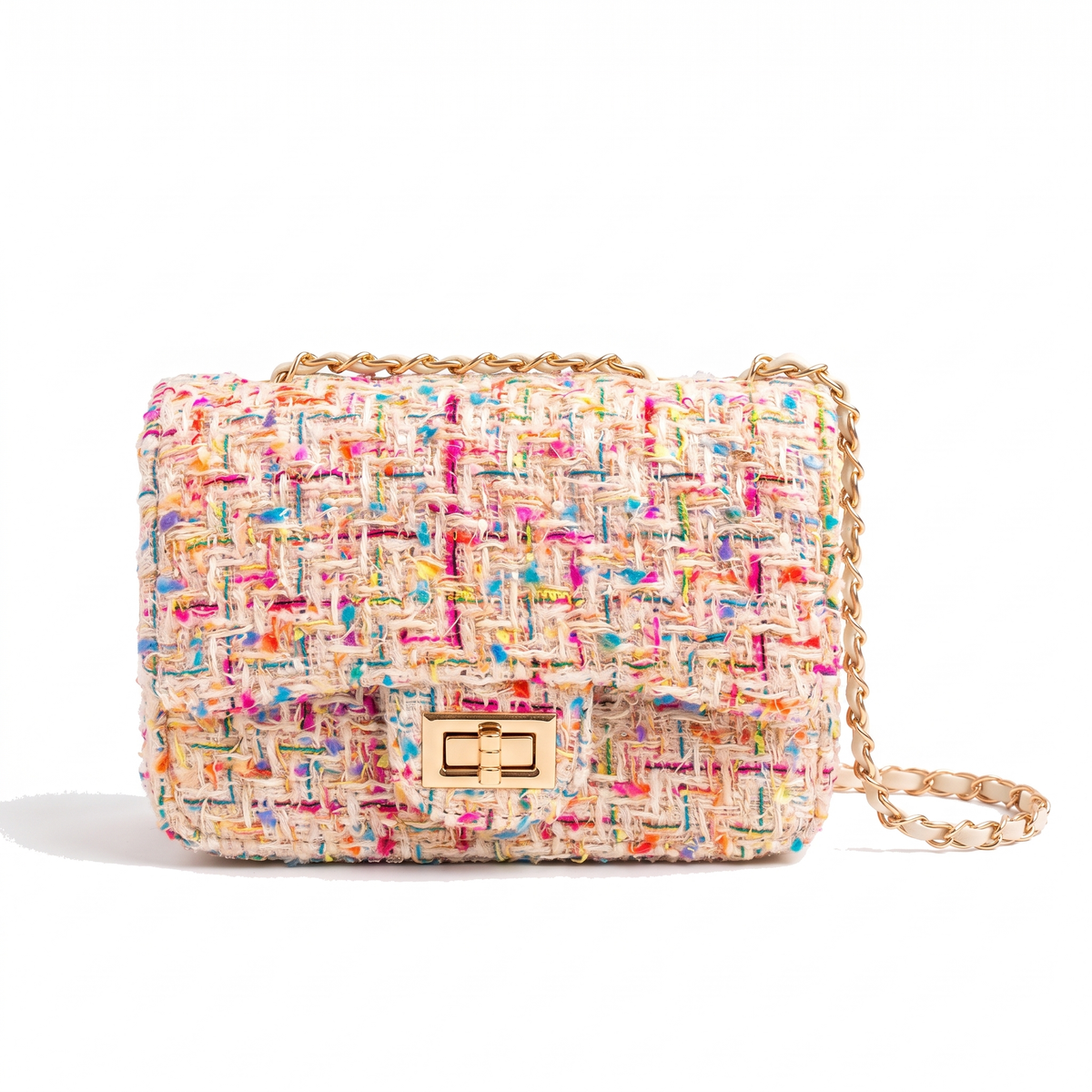 Tweed Chain Shoulder Bag for Women, Pink Evening Bag