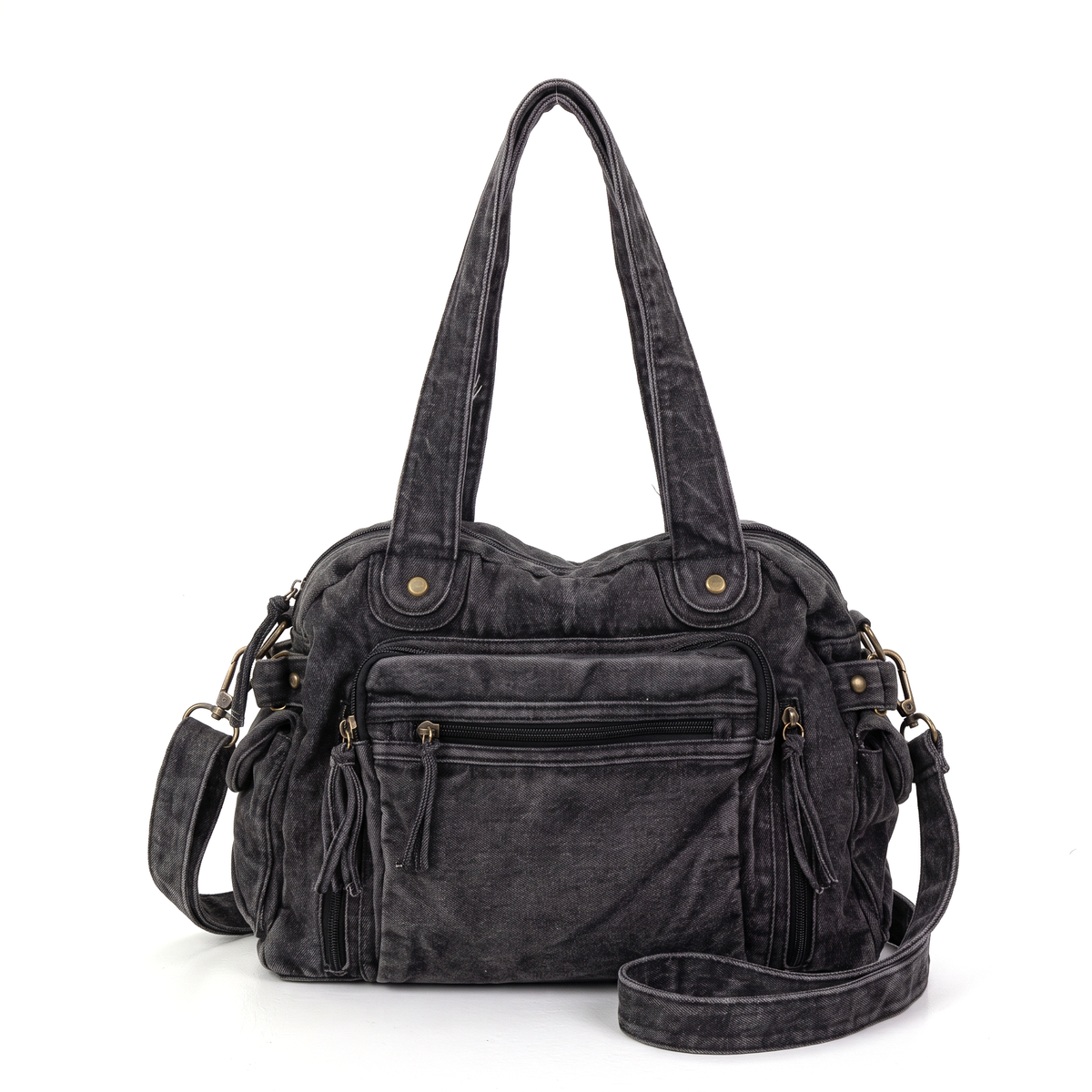 Washed Denim Shoulder Bag for Women, Washed Black Y2K Multi Pocket Bag