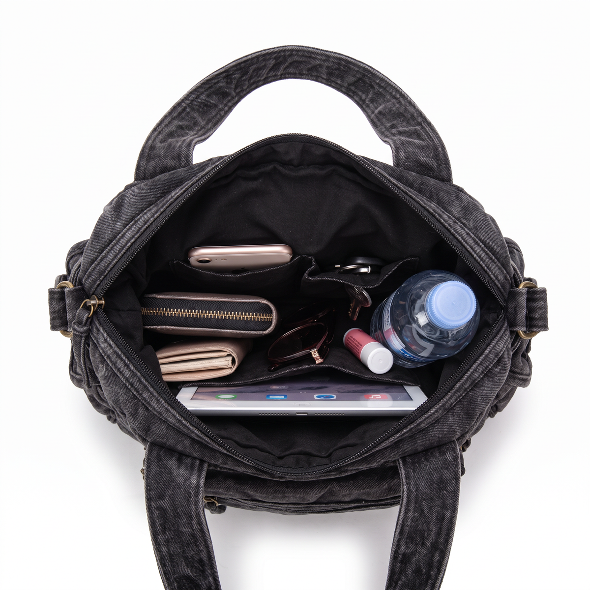 Washed Denim Shoulder Bag for Women, Washed Black Y2K Multi Pocket Bag