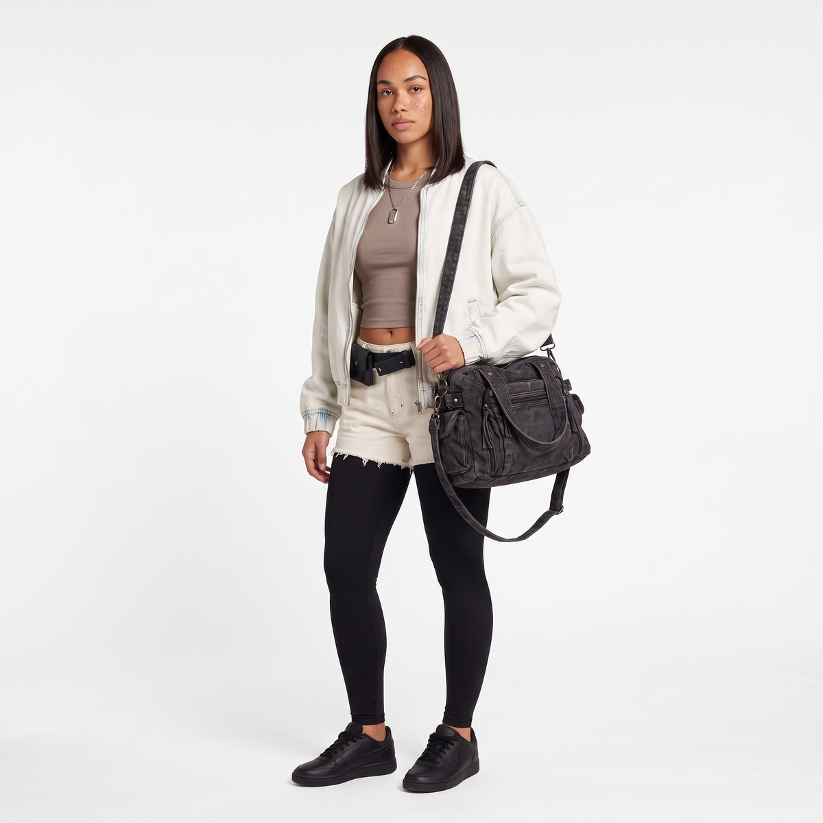 Washed Denim Shoulder Bag for Women, Washed Black Y2K Multi Pocket Bag