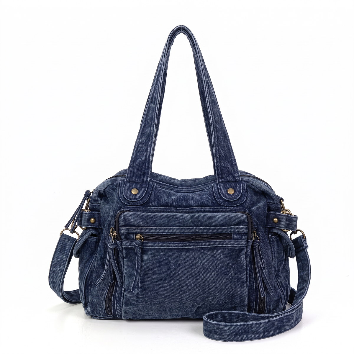 Washed Denim Shoulder Bag for Women, Washed Black Y2K Multi Pocket Bag